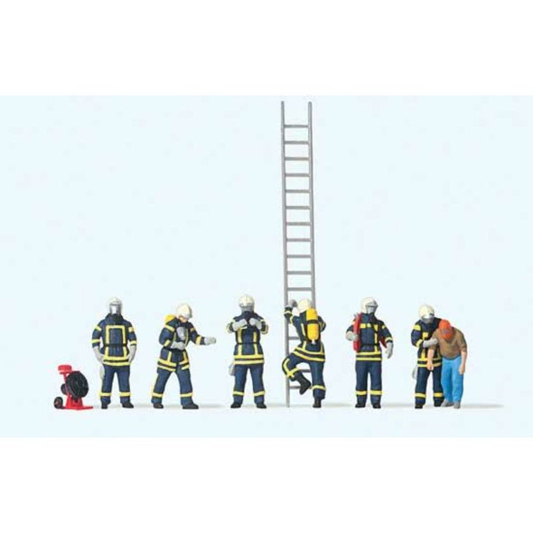 Preiser 10765 - Modern Firefighters with Breathing Apparatus - 6 Figures in Blue Uniforms, 1 Rescued Man, Accessories - HO Scale
